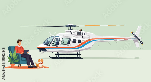 Man relaxes with laptop and dog, while helicopter waits