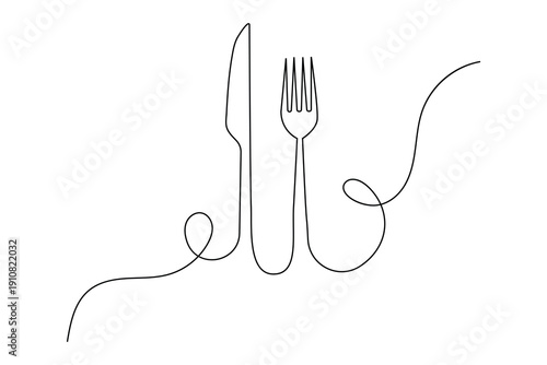 Modern restaurant utensils continuous one line vector illustration