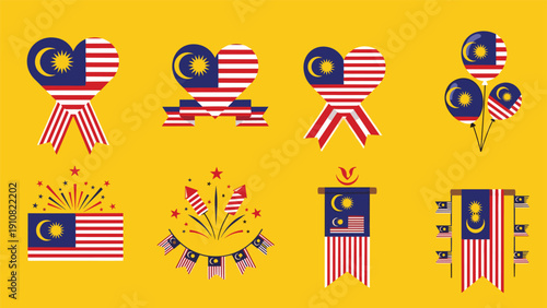 Various graphic elements representing Malaysia are shown in a set including heart-shaped flags, balloons, fireworks, and banners.