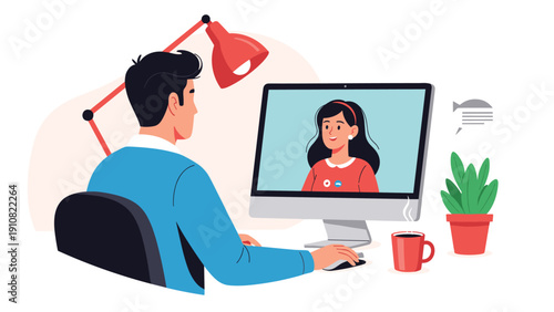 Man is sitting at his desk having a friendly video call with a woman on his computer screen while working under a bright red desk lamp.