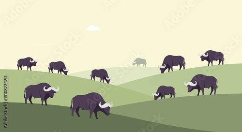 Herd of dark purple buffalos grazes on rolling green hills under a pale sky