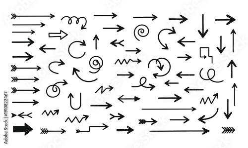 Collection of diverse hand-drawn arrows providing direction, movement, and navigation, ideal for infographics, user interfaces, or instructional designs