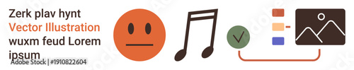 Emotions, music, data visualization, decision-making, digital tools, messaging. Icons include a neutral face, music note checklist symbol and a linked graphic with color-coded elements. Emotions