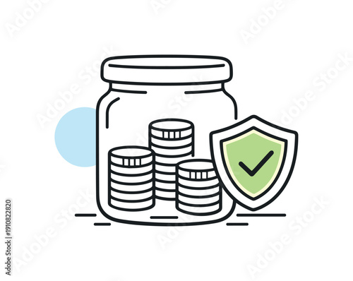 A stylized illustration representing financial security and protected investments, featuring coins within a jar beside a shield emblem