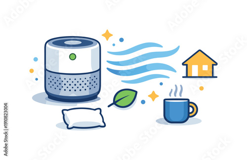 An air purifier emits clean air waves towards a house, symbolizing a fresh and healthy living space with a pillow and a steaming cup of coffee nearby