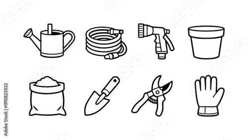A set of simple line art icons representing a watering can, hose, spray nozzle, pot, bag of soil, trowel, pruners, and gloves for garden work