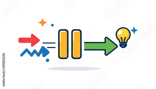 This illustration depicts a process where inputs are transformed through a pause stage to yield a final idea, symbolized by a lightbulb