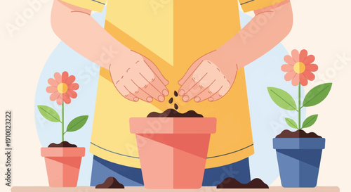 Hands planting seeds in pots with flowers growing