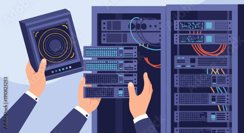 Hands installing equipment into a server rack with multiple components and cables