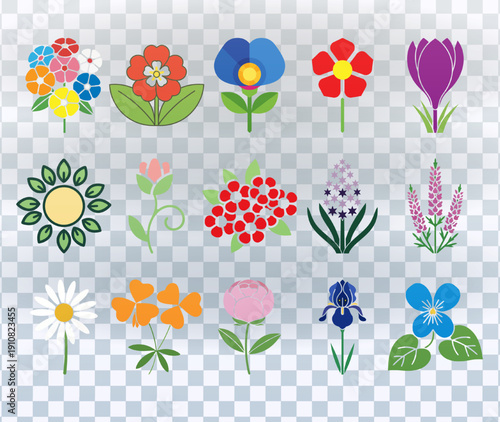 Set of floral vector icons featuring sunflower, daisy, and lavender. Colorful flat design flower collection