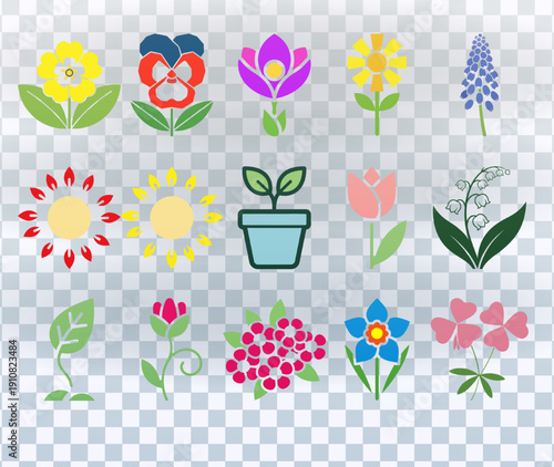 Set of colorful flower icons in a flat design style. Vector collection of spring floral elements for graphic design. Isolated on a transparent background