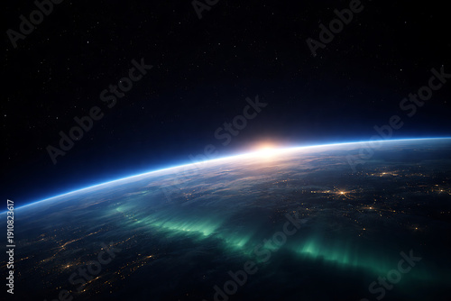 Cinematic Sunrise Over Earth with Aurora and City Lights