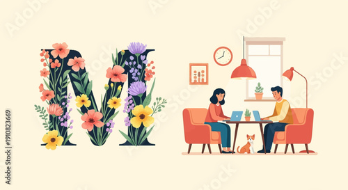 Letter M with flowers and people working at home with a pet dog