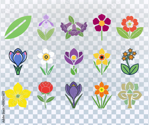 Collection of spring garden flower icons in a flat style. Vector illustration set of floral symbols like crocus and daffodil. Isolated on a transparent background