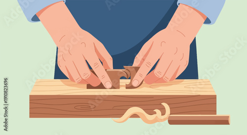 Hands carefully shaping wood with a hand plane, creating shavings