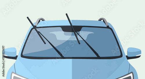 Light blue automobile front with windshield wipers on a plain background