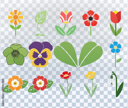 Collection of simple flower and plant icons in a flat design style. Vector set of isolated floral graphics for spring. Colorful botanical illustrations