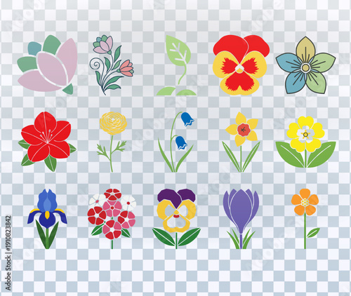 Collection of colorful spring flower icons. Flat vector illustrations for floral and botanical design. Isolated graphic elements set