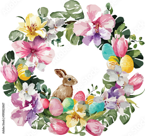 Easter bunny and colorful eggs with flowers on grass