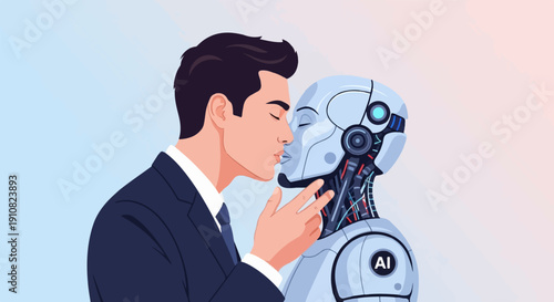 Man in suit kisses a futuristic robot head with AI symbol on chest