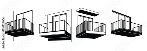 Set of modern urban apartment balconies with railings and glass doors vector illustration