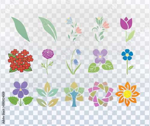 Set of floral design elements. Collection of colorful spring flower and leaf icons. Abstract botanical vector illustrations