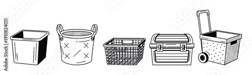 Set of various household and laundry baskets storage containers vector illustration