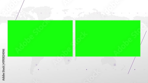 Two box split screen for news, interviews, live broadcast, tv shows, live streaming. Green chroma key cut, 4K loopable world map background with purple elements, simplicity and minimalism design.