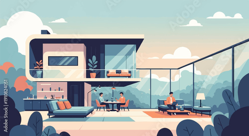 Modern two-story home with people enjoying indoor and outdoor living spaces