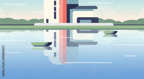 Modern abstract building reflected in calm water