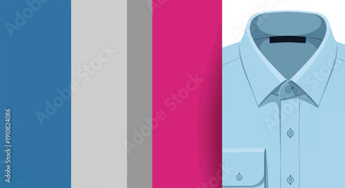 Light blue collared shirt with buttons, against a vibrant color block background