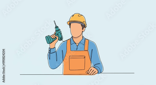 Man in hard hat and overalls holds a cordless drill, ready for work