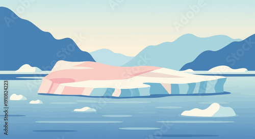 Minimalist arctic scene featuring a large iceberg in pastel pink and blue hues