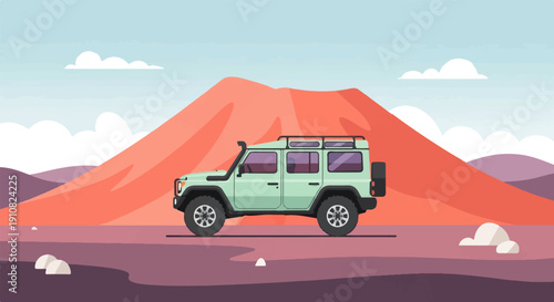 Light green all-terrain vehicle parked on a dusty landscape with a mountain