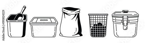 Set of various pet litter boxes with scoops, food storage containers vector illustration
