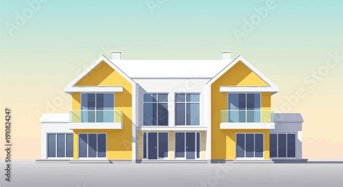 Modern yellow house with glass balconies against a gradient sky