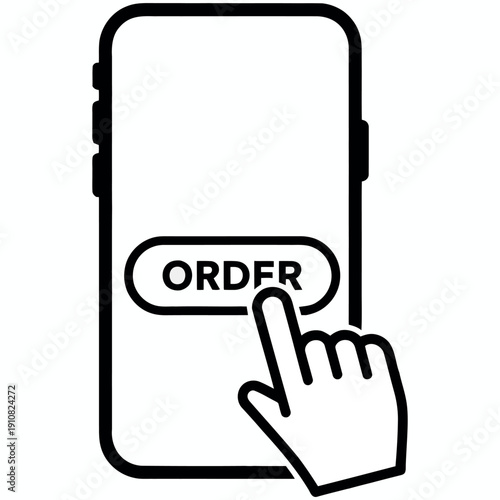 Black line art of a hand pressing an order button on a smartphone