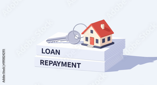 Miniature house on stacked books with a key, representing home loan repayment