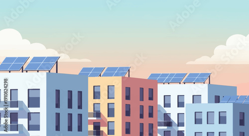 Modern apartment buildings with rooftop solar panels against a soft sky