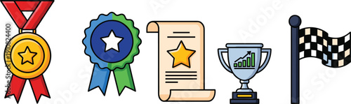 Achievement and success icons collection with medal badge certificate trophy and finish flag for rewards progress goals and motivation