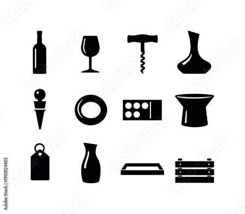 A graphic design featuring various wine-related items and bar essentials presented as simple black silhouettes against a clean white backdrop