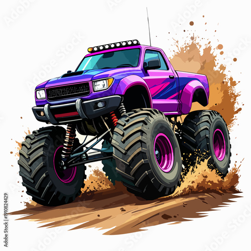 Purple monster truck with big tires driving on dirt.