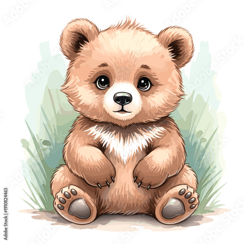A charming watercolor illustration of a cute, fluffy brown baby bear with big eyes sitting peacefully on the ground.