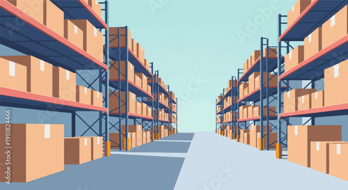 Interior of a warehouse filled with tall shelving units stacked with cardboard boxes