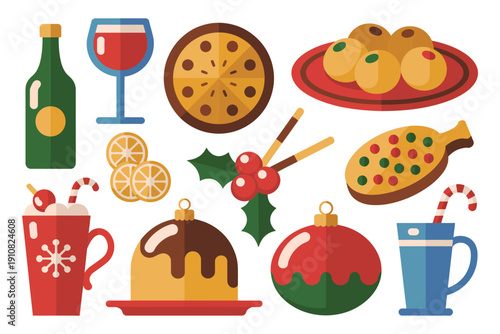 A festive holiday table setting with various Christmas foods and drinks