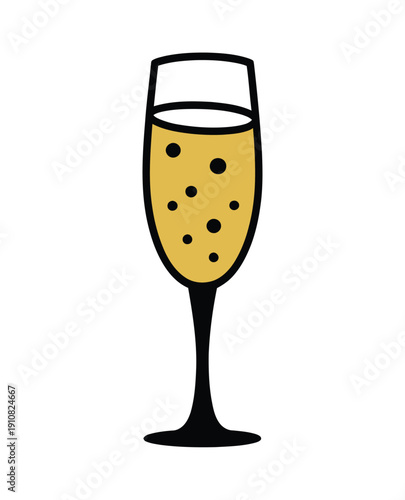 A cartoon illustration of a champagne flute filled with bubbly yellow liquid on a white background