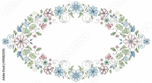 Oval floral frame with delicate pastel flowers and leaves.
