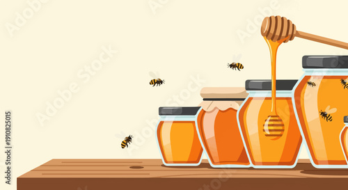 Honey jars with bees buzzing around a wooden dipper