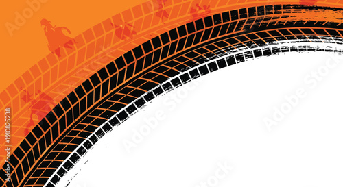Abstract background with black tire track marks on an orange and white grunge texture. Vector