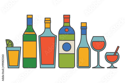 A colorful illustration of various bottles and glasses of alcohol on a white background